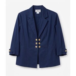 N Touch Blazer Women 12P Navy Blue Excellent Pleated Back Gold Button 3/4 Sleeve